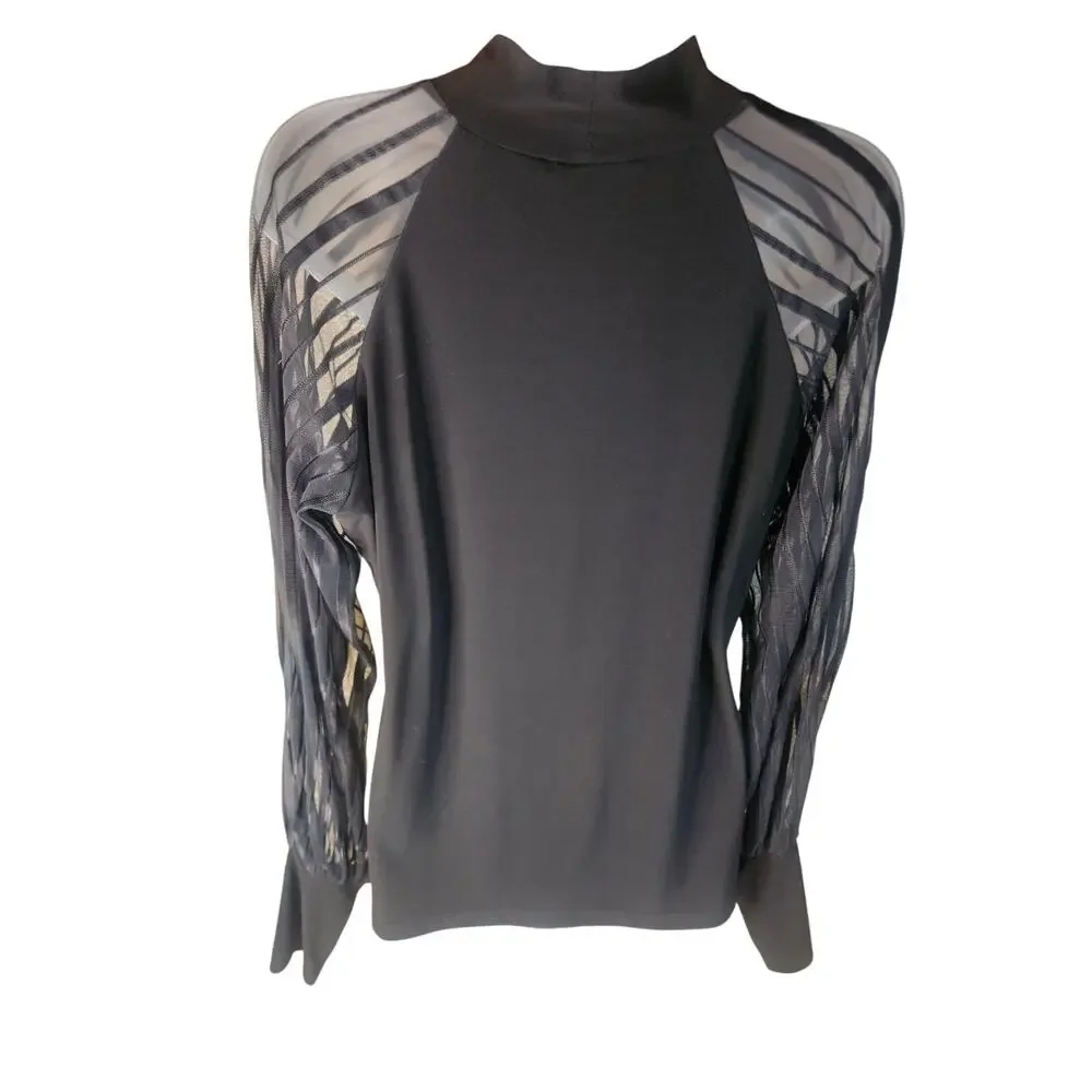 Joseph Ribkoff Black Striped Sheer sleeved Top Sz 14 US Solid cuffs - Picture 7 of 8